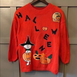 Vintage 1990s Shenanigans Halloween Sweater Orange Pumpkin Cat Bats Size Medium